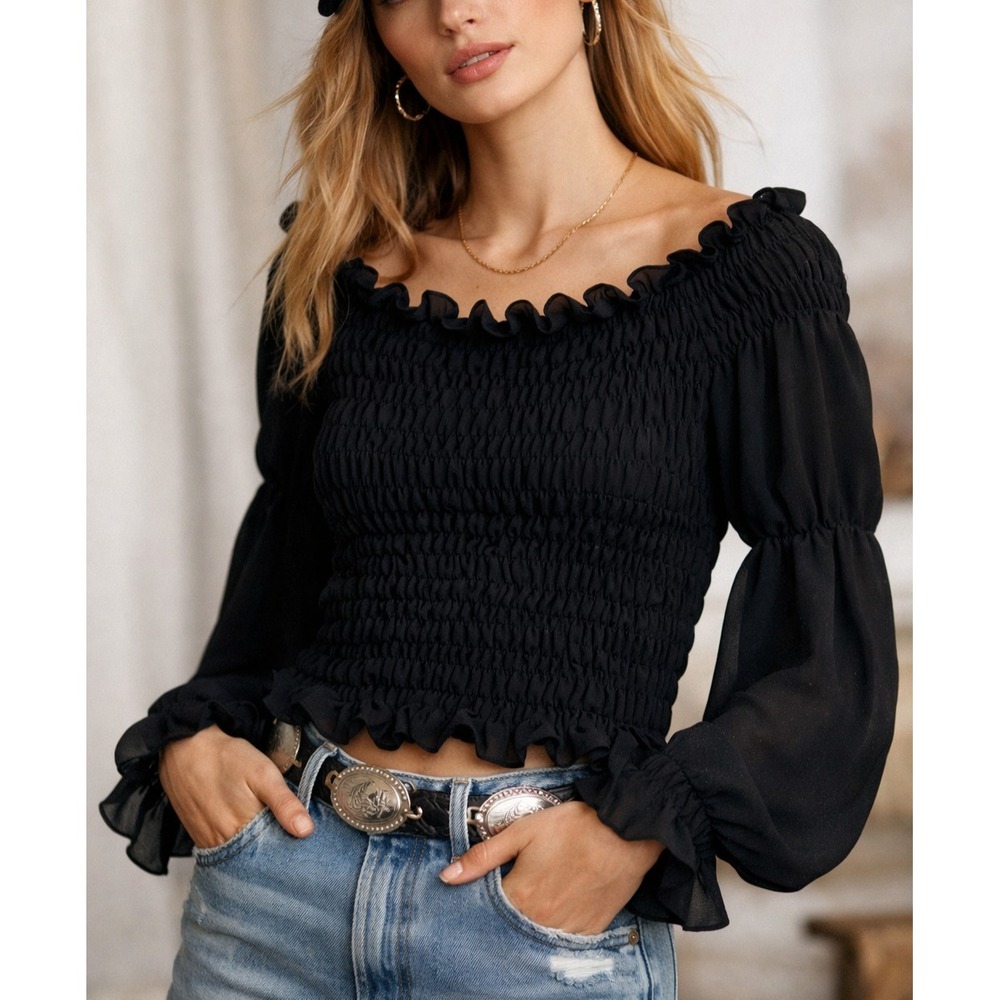 VTG‎ Ribkoff Ruffle Off Shoulder Smocked Crop Top 8 Black Sheer Boho Peasant